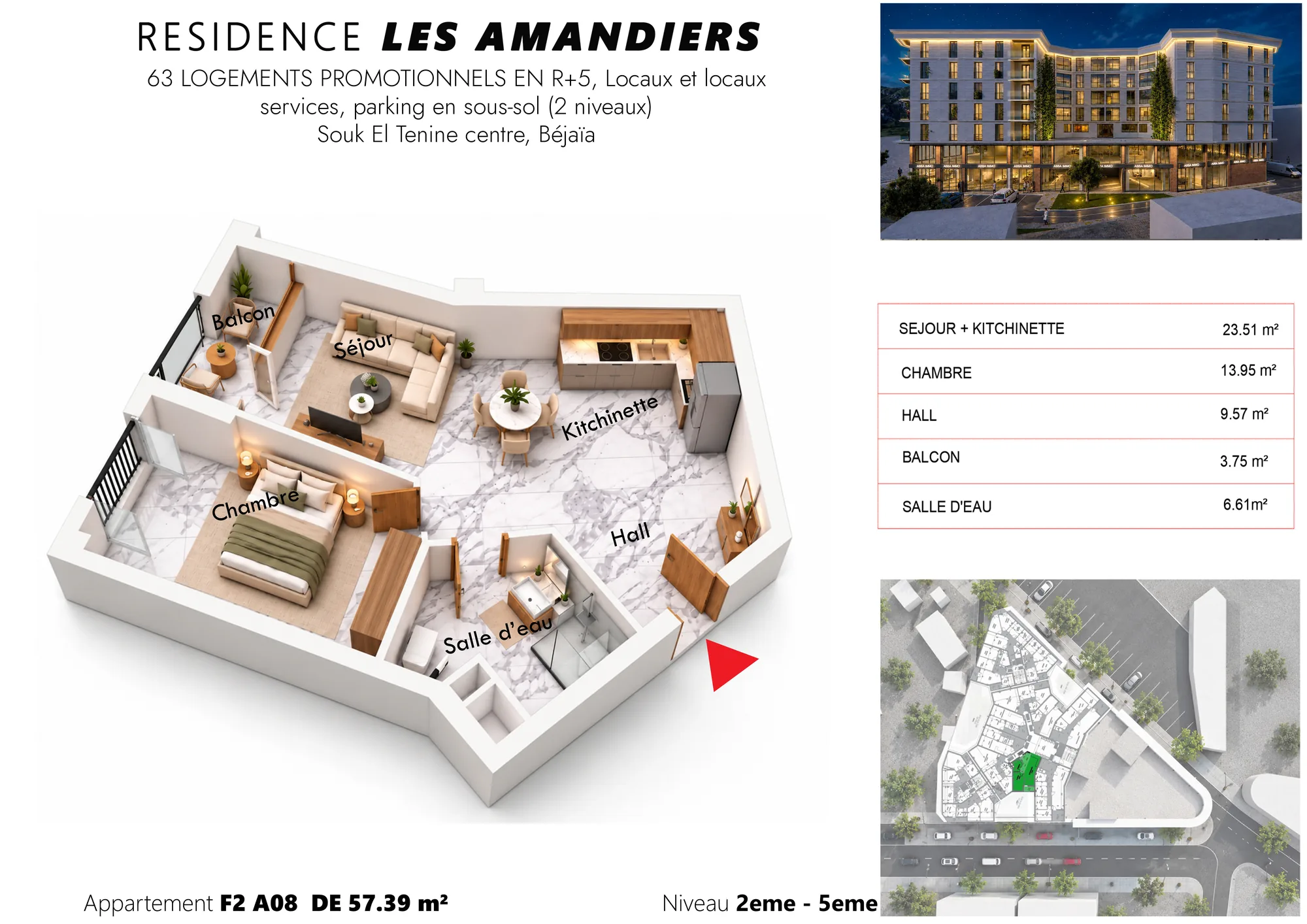 Plan 3D meublé et tableau des surfaces de l’appartement F2 A08