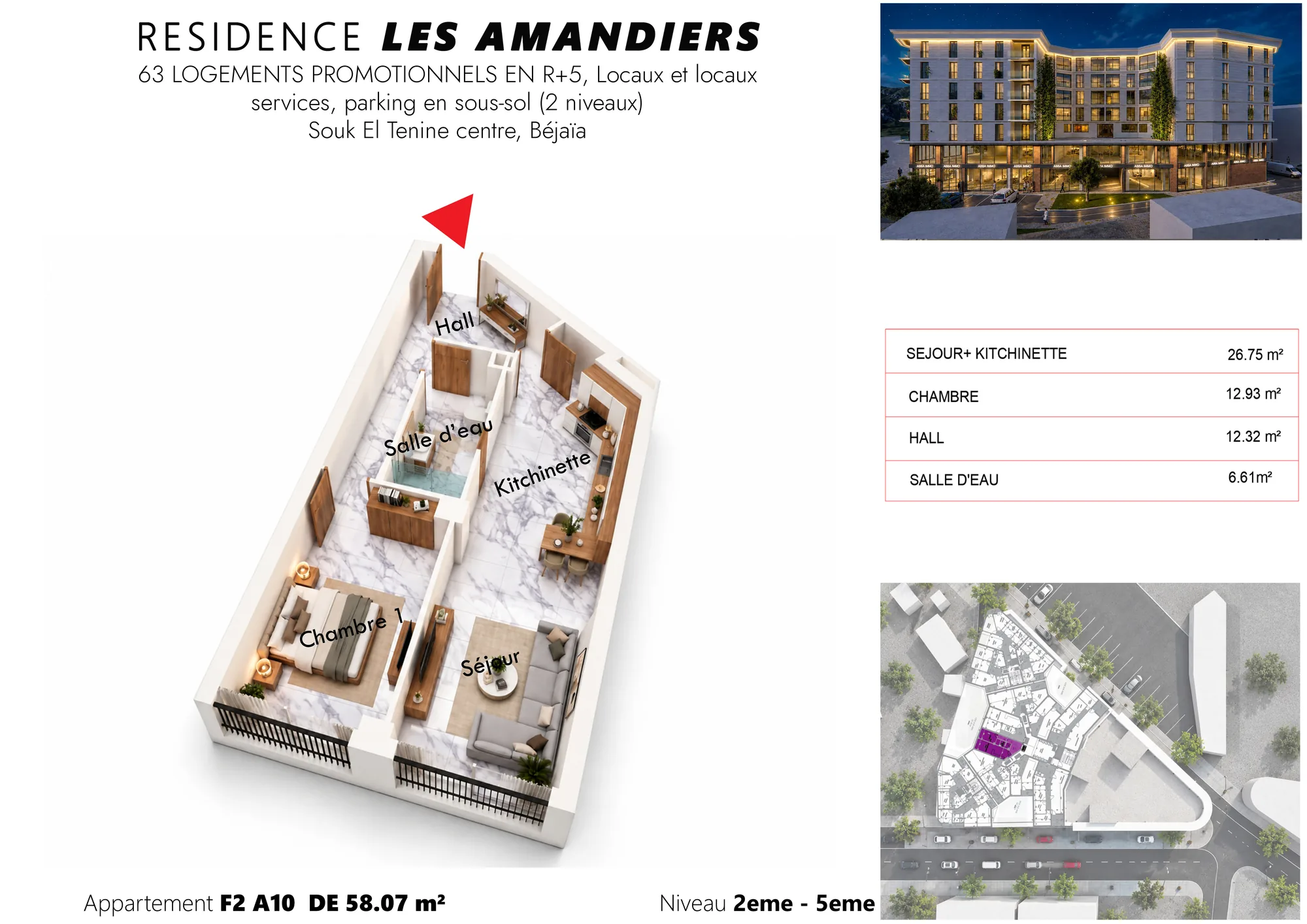 Plan 3D meublé et tableau des surfaces de l’appartement F2 A34