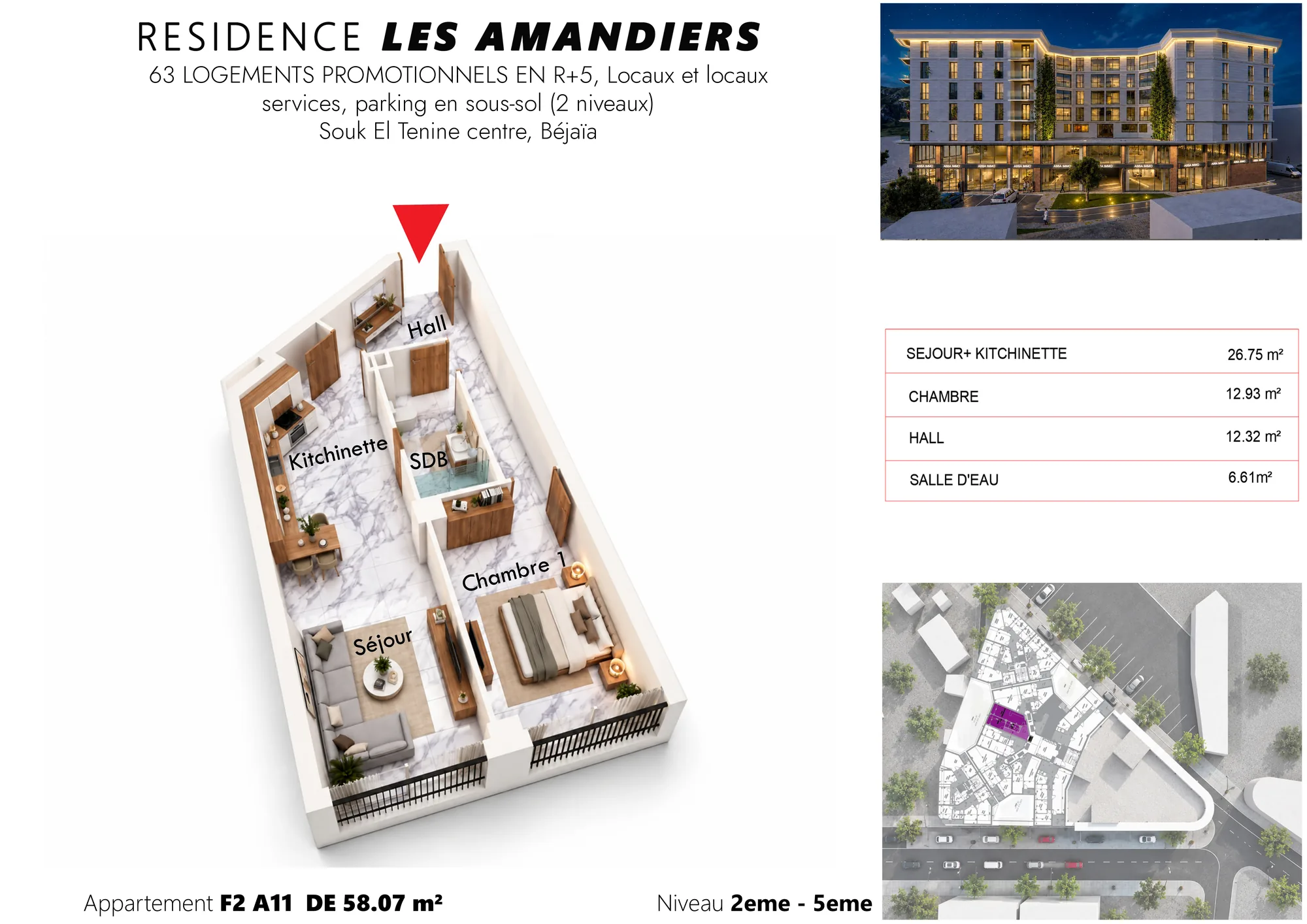 Plan 3D meublé et tableau des surfaces de l’appartement F2 A35