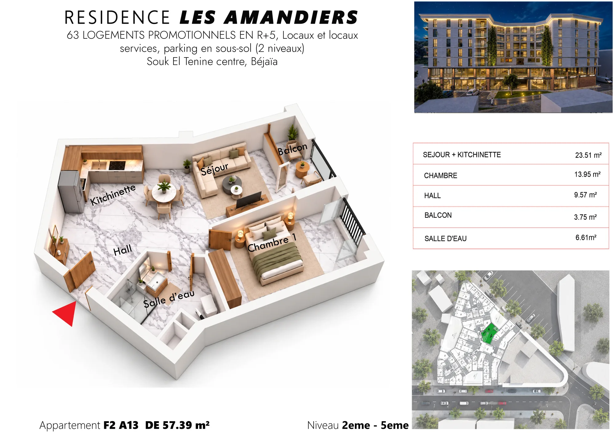 Plan 3D meublé et tableau des surfaces de l’appartement F2 A29