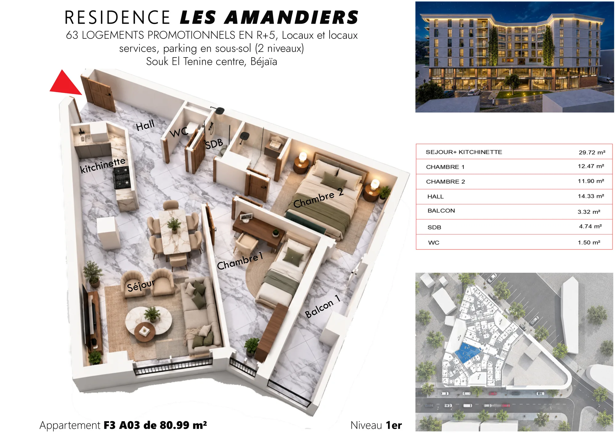 Plan 3D meublé et tableau des surfaces de l’appartement F3 A03