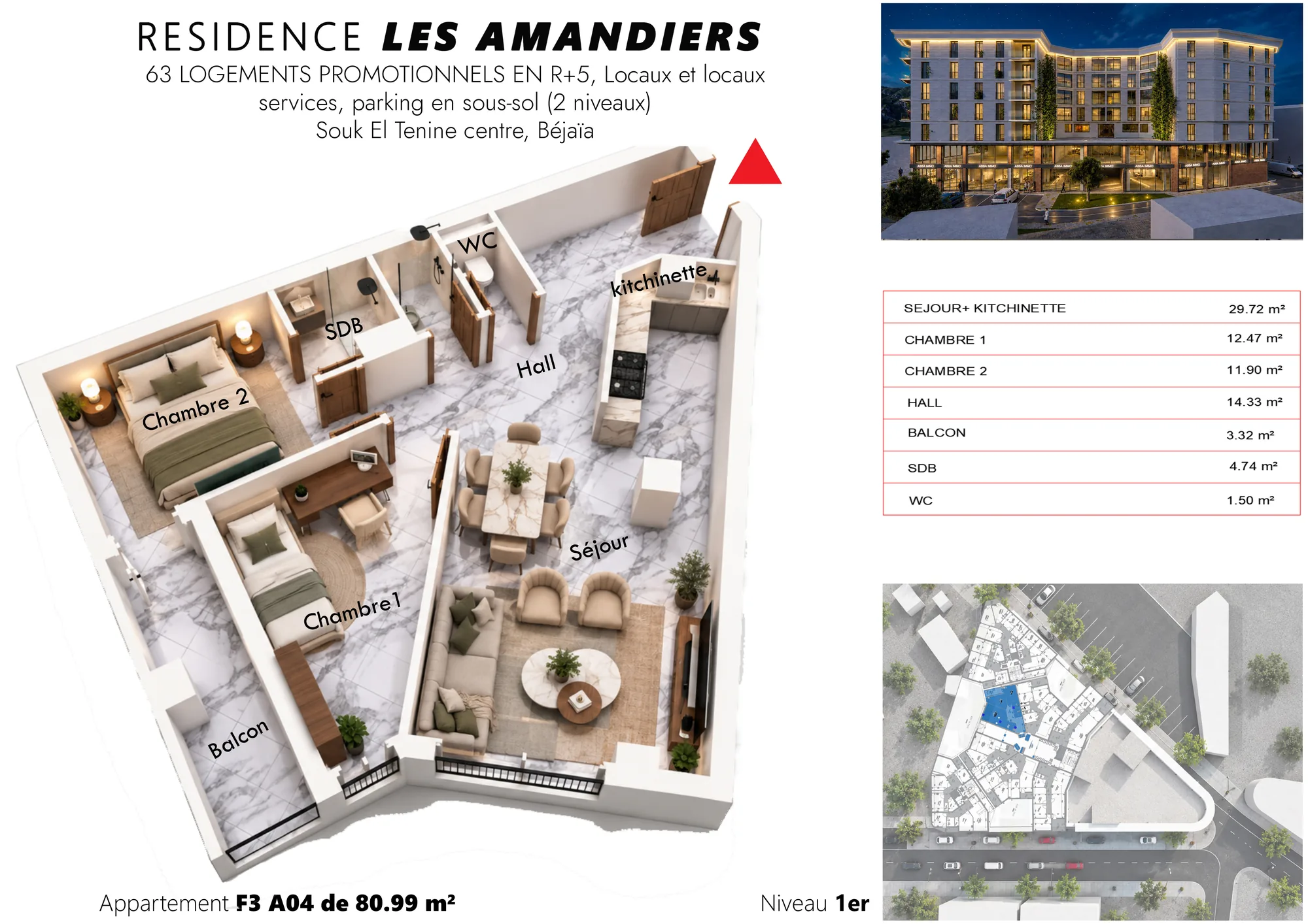 Plan 3D meublé et tableau des surfaces de l’appartement F3 A04