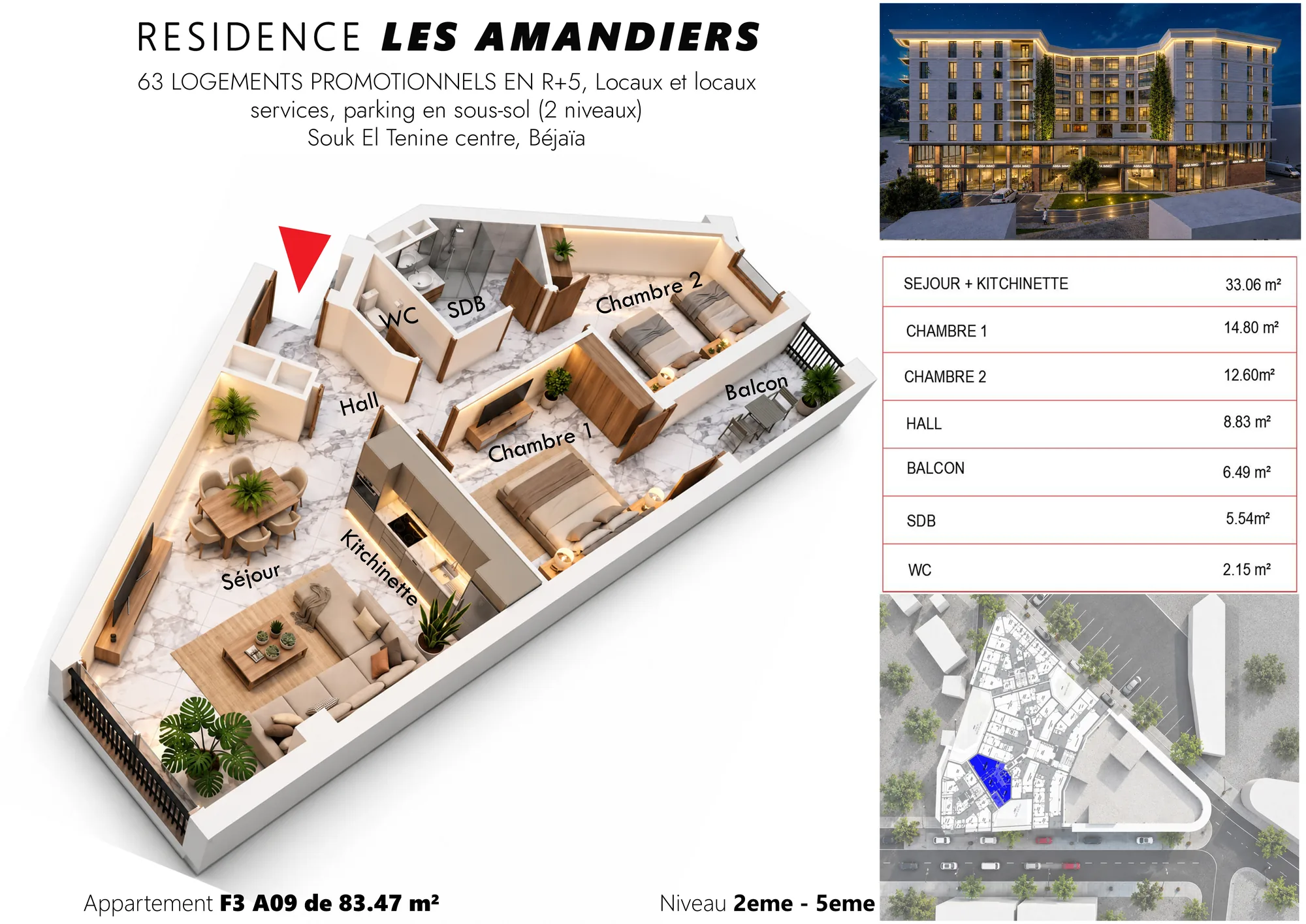 Plan 3D meublé et tableau des surfaces de l’appartement F3 A09