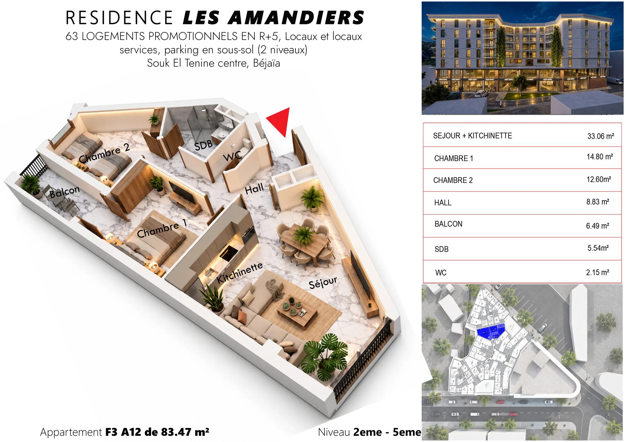 Plan 3D meublé et tableau des surfaces de l’appartement F3 A36