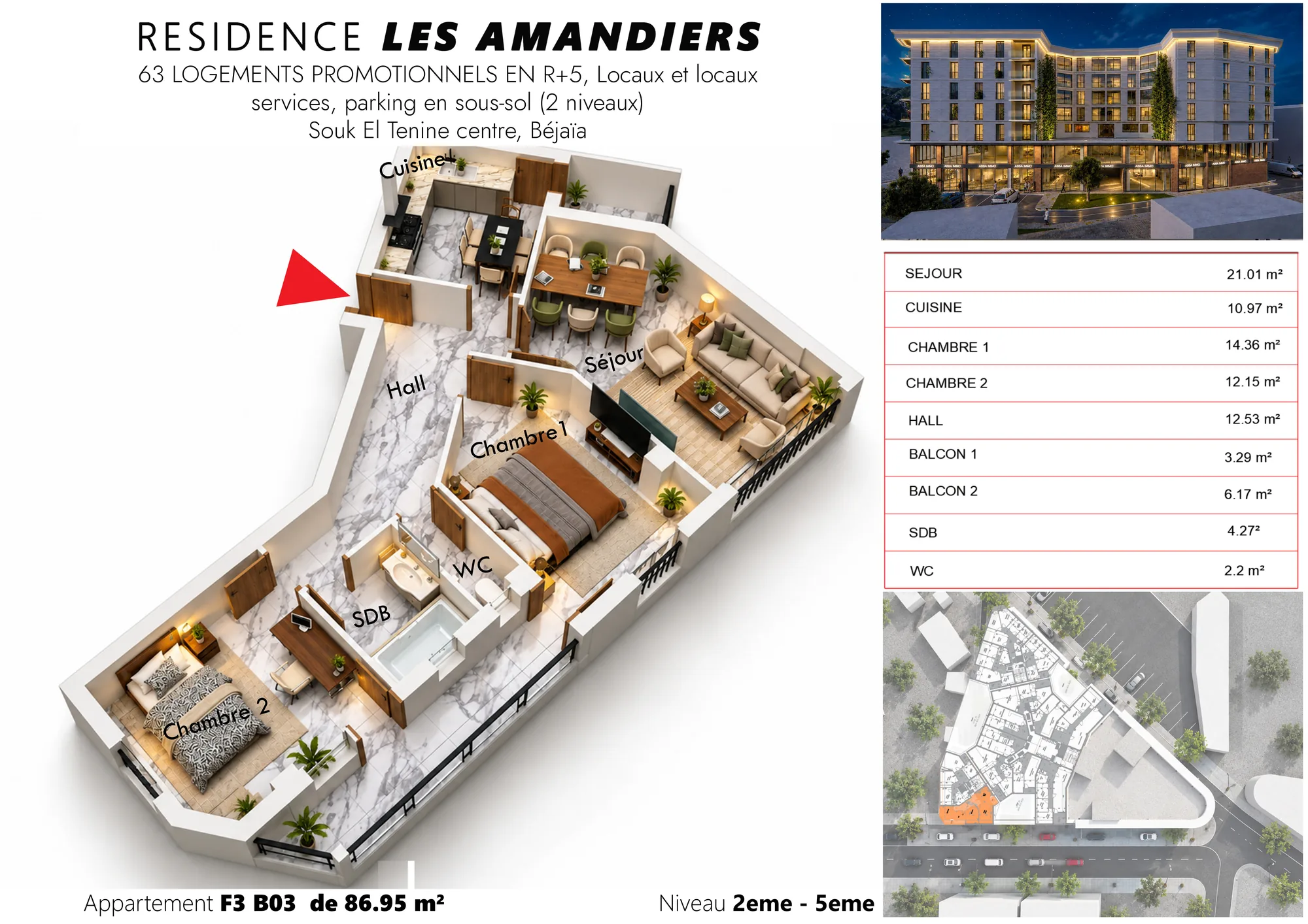 Plan 3D meublé et tableau des surfaces de l’appartement F3 B07