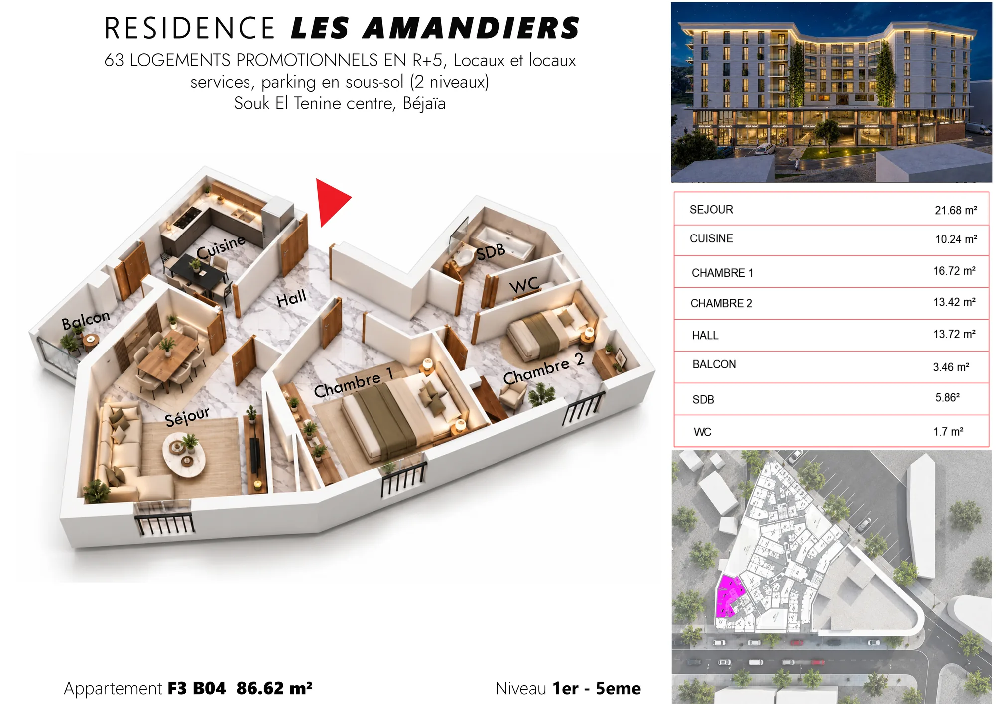 Plan 3D meublé et tableau des surfaces de l’appartement F3 B06