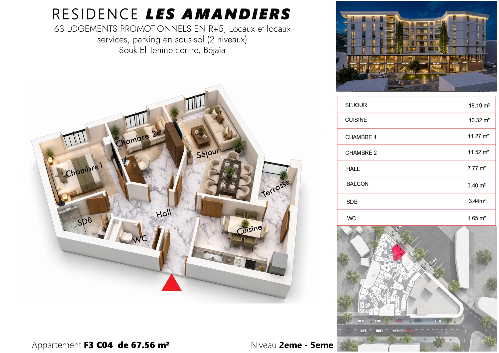 Plan 3D meublé et tableau des surfaces de l’appartement F3 C07