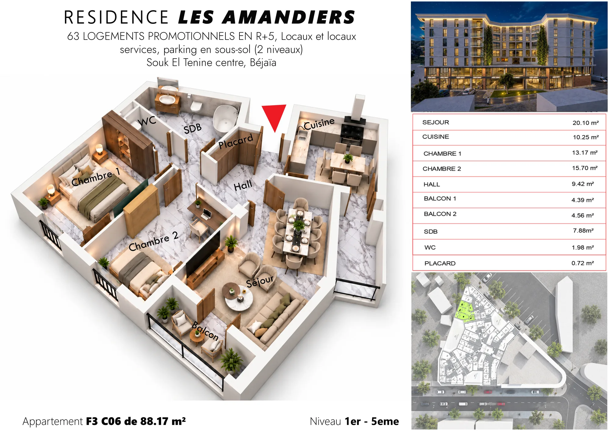 Plan 3D meublé et tableau des surfaces de l’appartement F3 C09