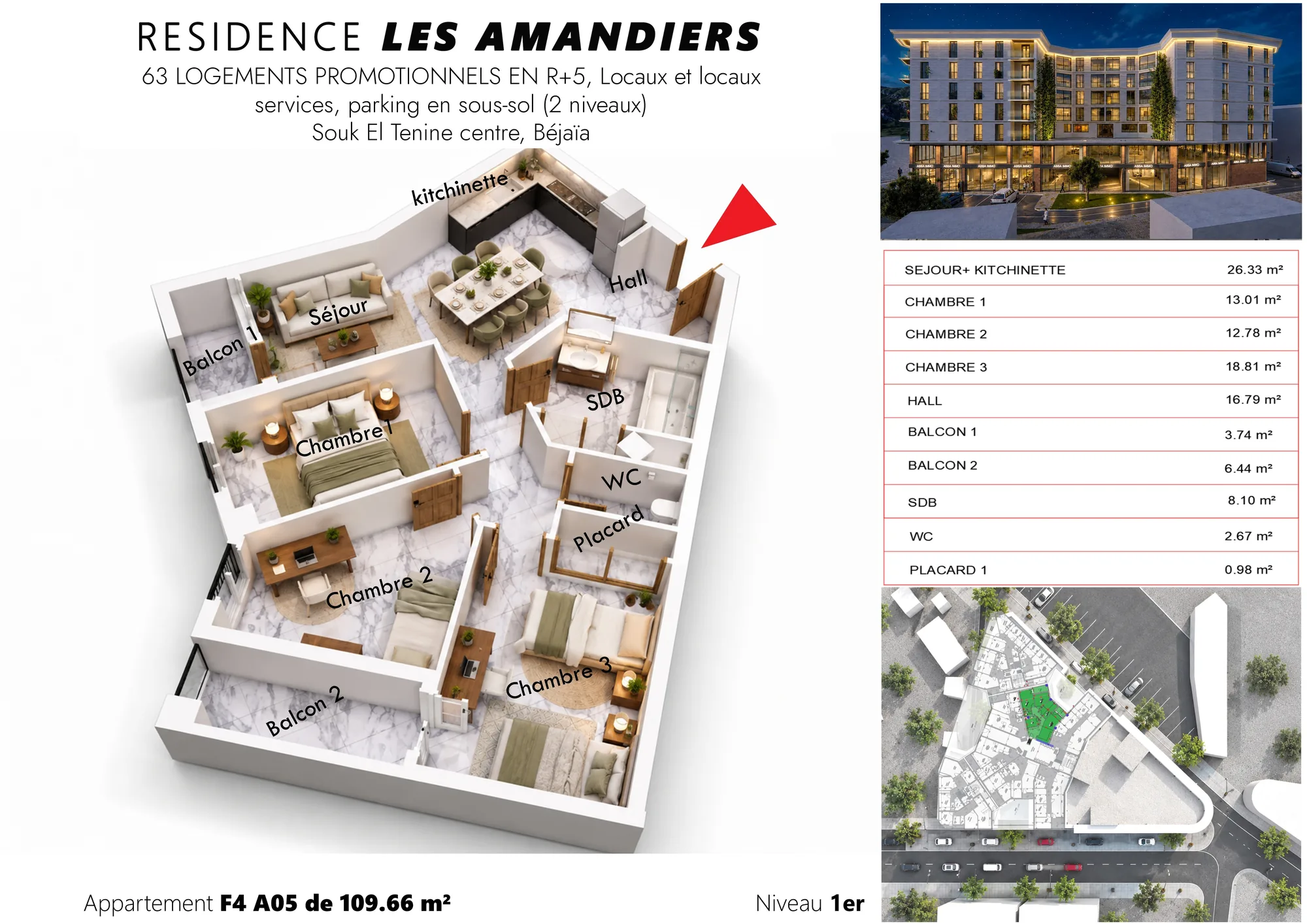 Plan 3D meublé et tableau des surfaces de l’appartement F4 A05