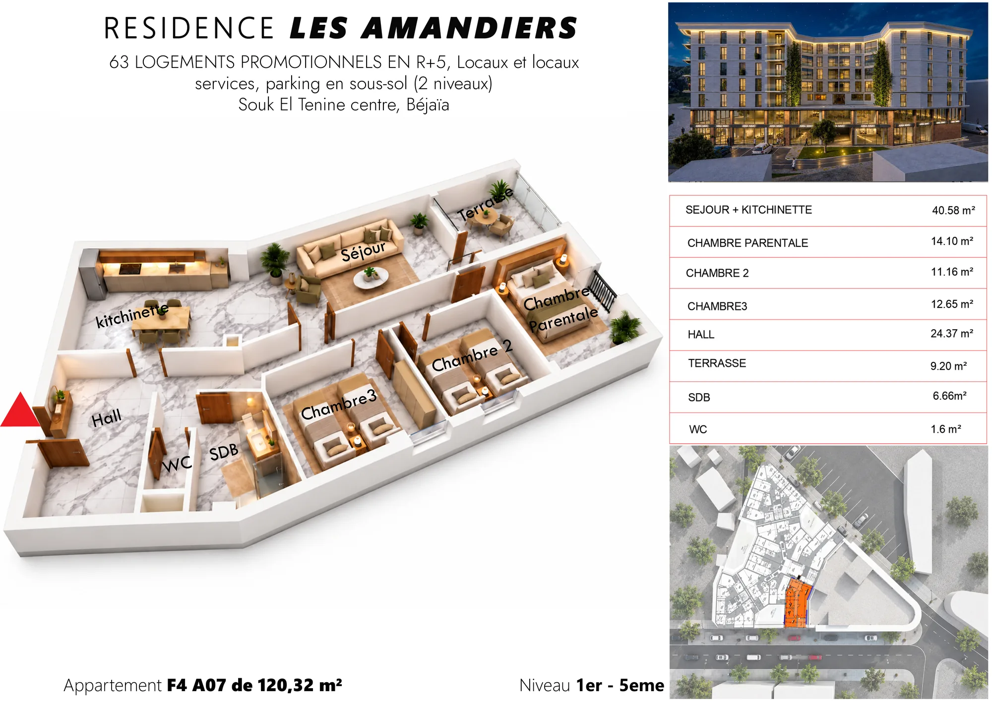 Plan 3D meublé et tableau des surfaces de l’appartement F4 A01