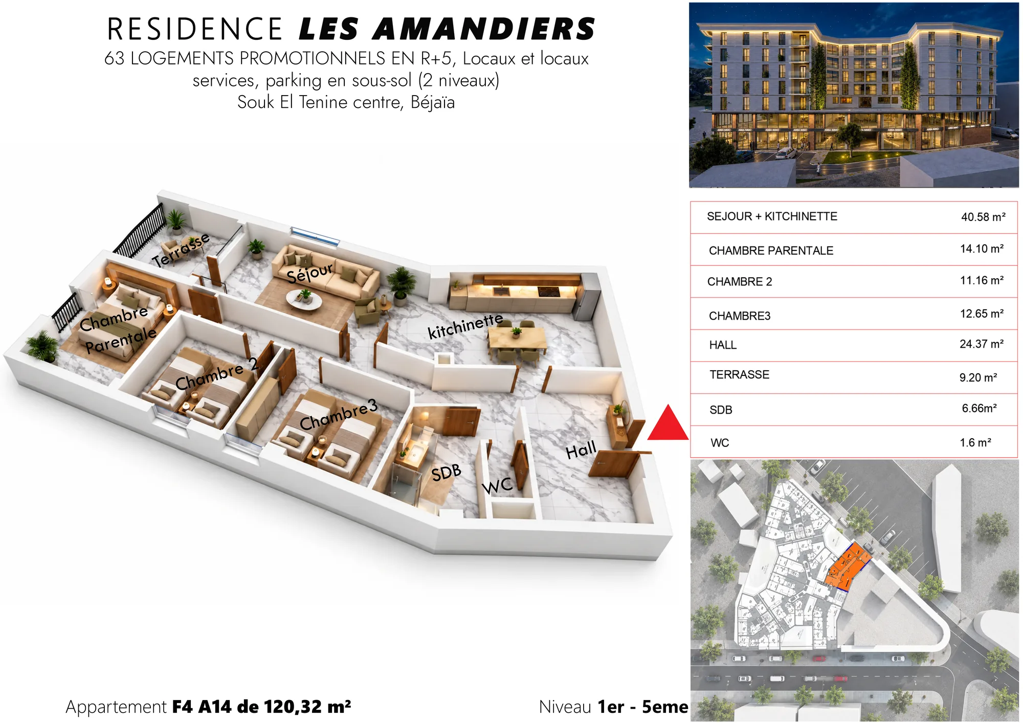 Plan 3D meublé et tableau des surfaces de l’appartement F4 A06