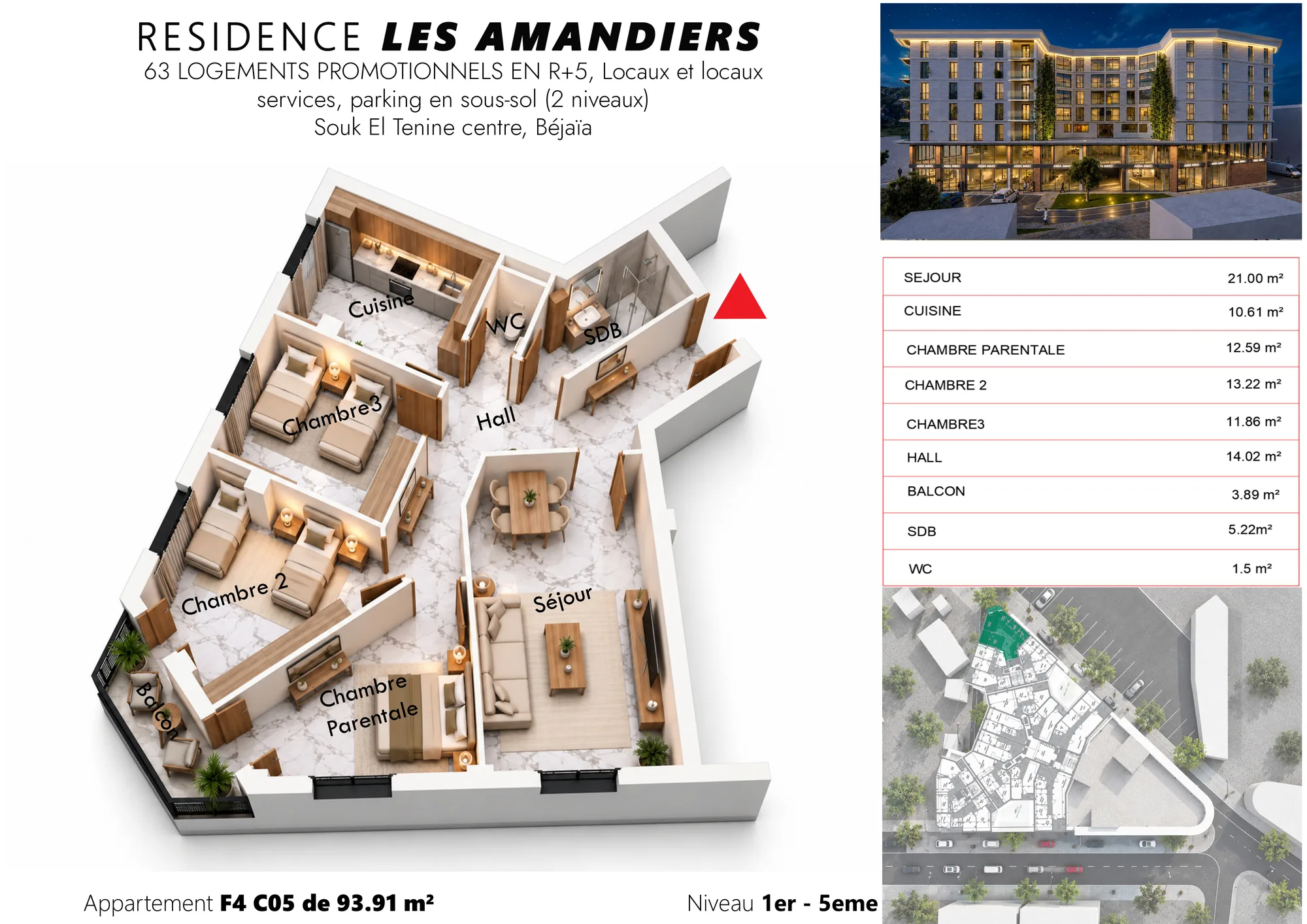Plan 3D meublé et tableau des surfaces de l’appartement F4 C02